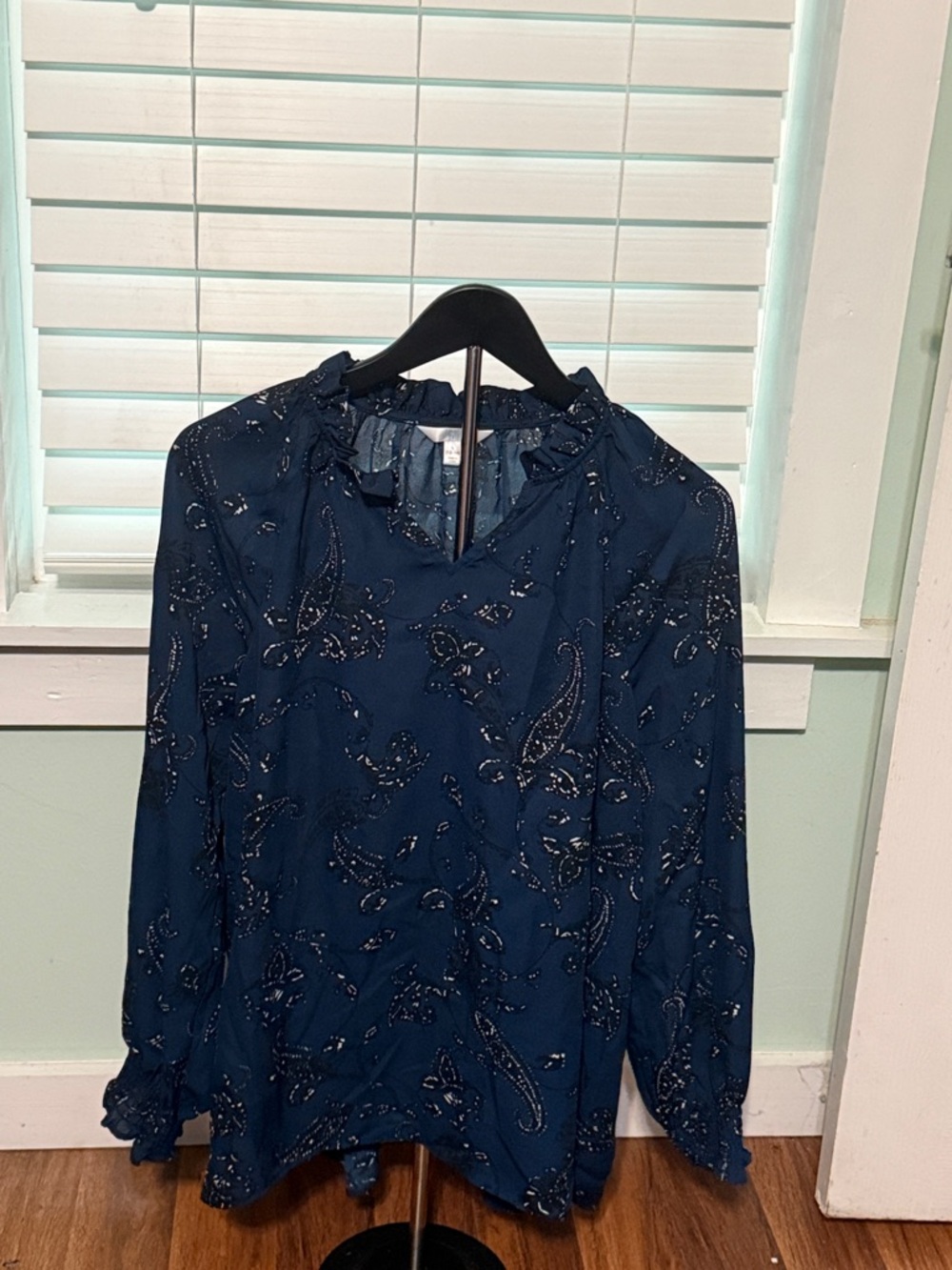Time and Tru Navy Blue Paisley Ruffle Neck Long Sleeve Blouse